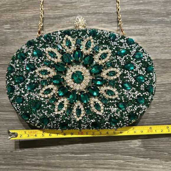 Ramla Bejeweled Crystal Evening Bag Emerald Green Chain Strap Top Handle Formal - Picture 12 of 14